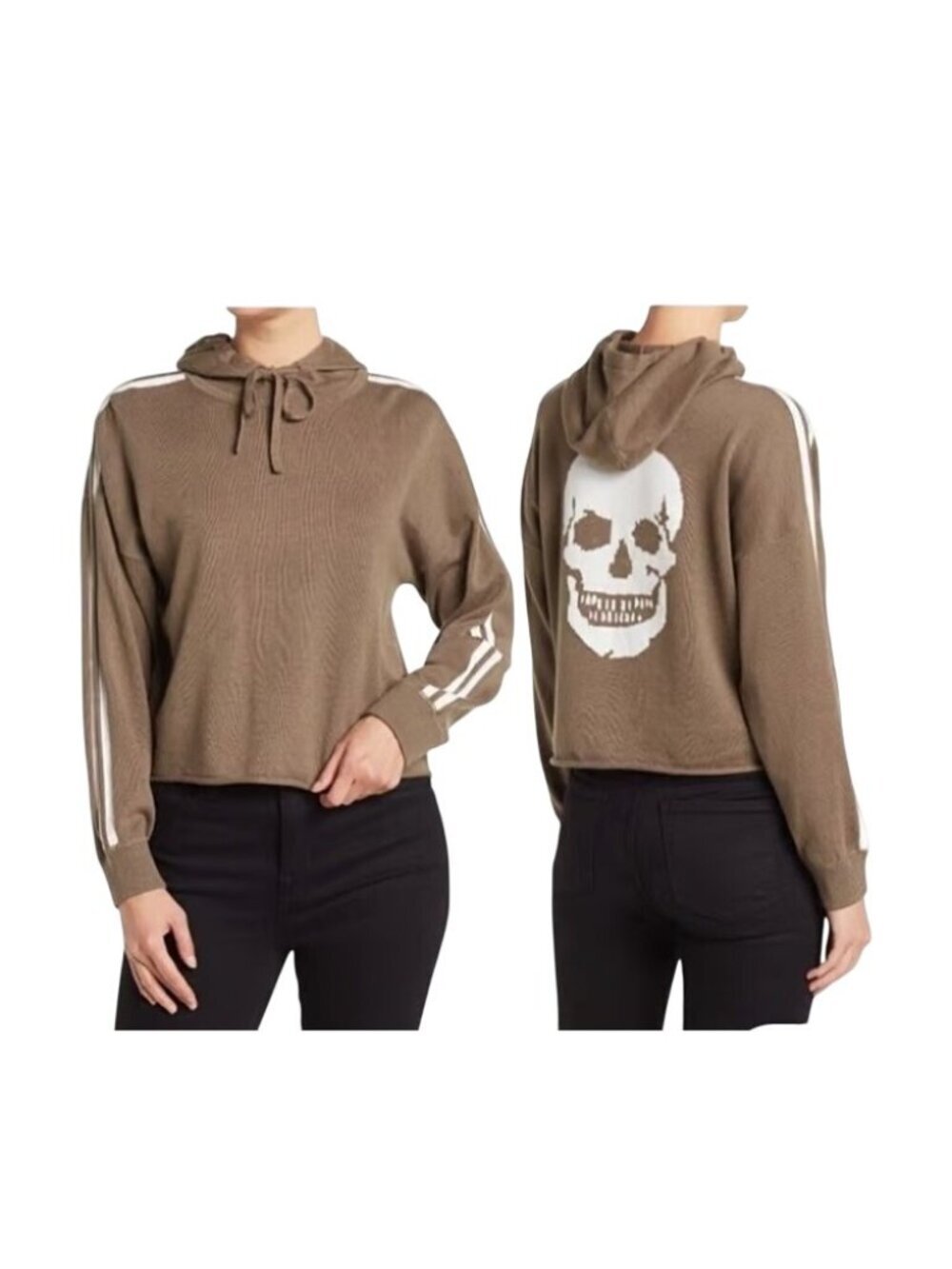 Skull Cashmere Marissa Military Green Crop Hoodie Skull Graphic & Stripe Details